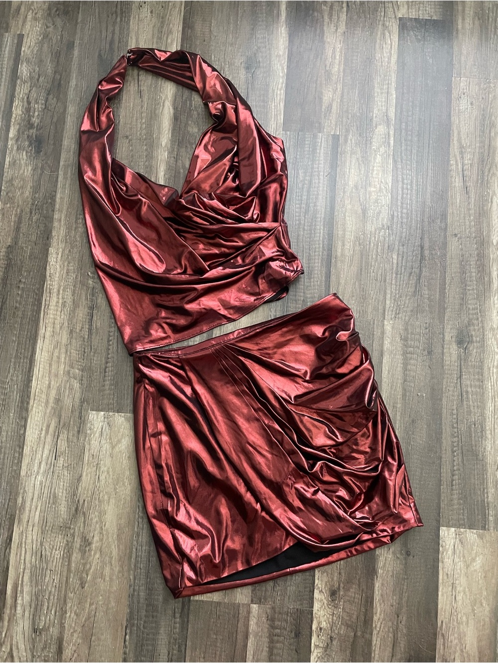 DO+BE Metallic Burgundy Red Draped Halter Top Small and Medium Mini Skirt set